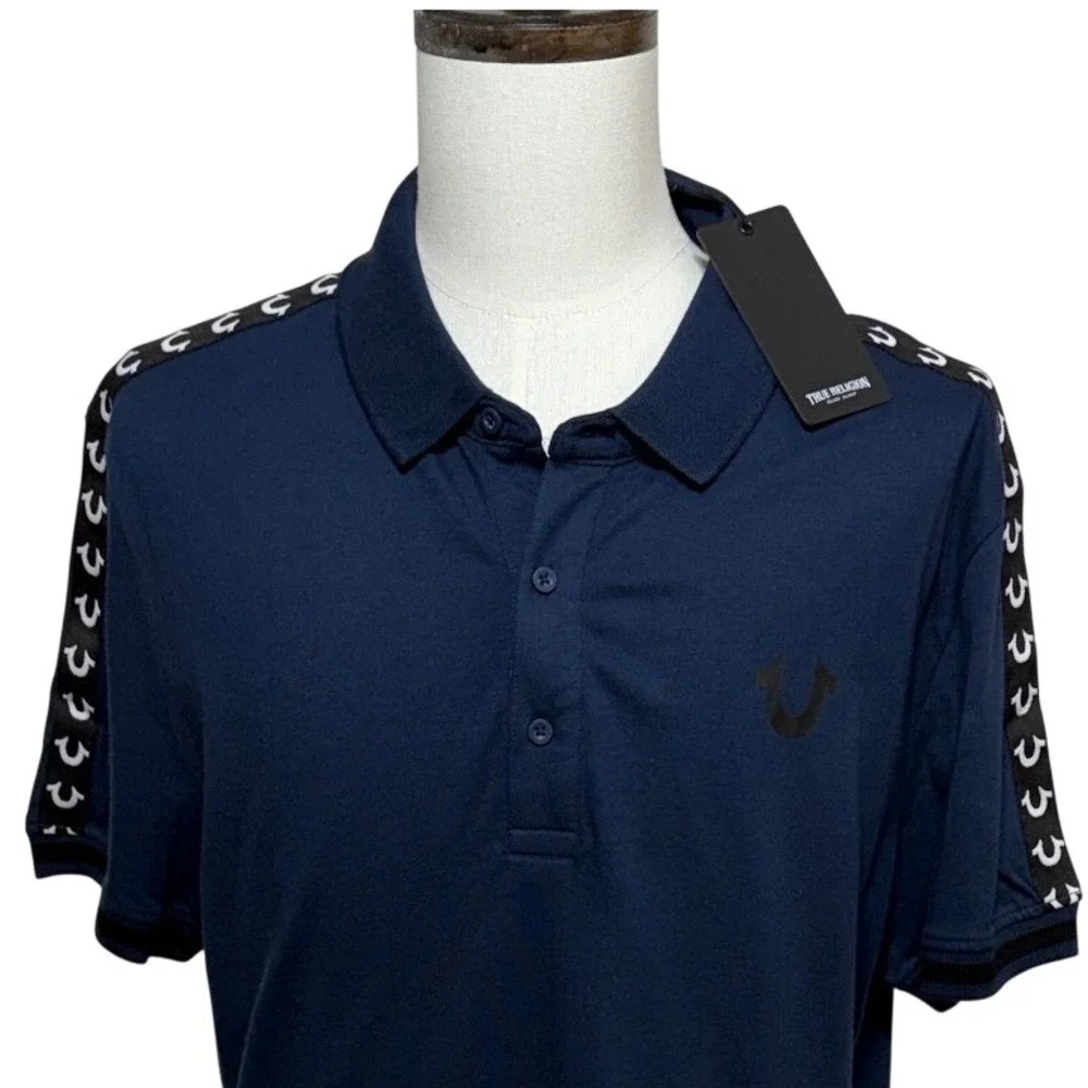 NEW True Religion Polo Mens XL Blue Relaxed Logo Trim Short Sleeve Shirt